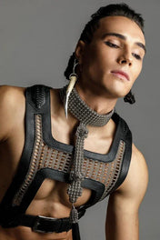 men in grey background using elohim t-choker in silver and beaded leather harness