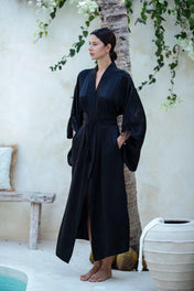 woman with 100% premium silk mineko long silk kimono with obi belt by object and dawn diagonal view
