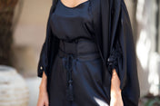 woman with 100% premium silk mineko long silk kimono with obi belt by object and dawn close up