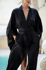 Mineko Long Silk Kimono with Obi Belt - Black