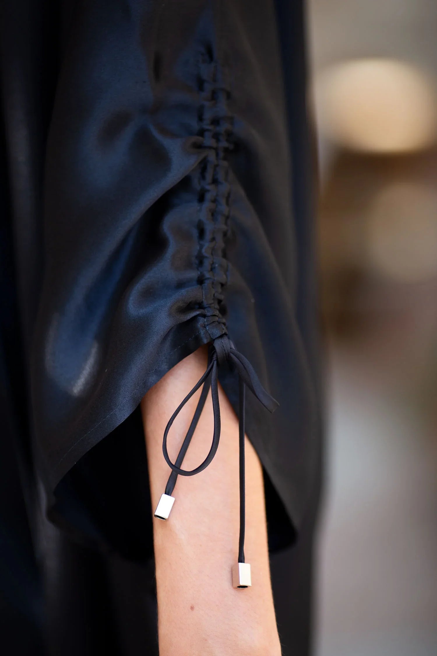 close up of draw strind of Mineko Silk Kimono black by object and dawn
