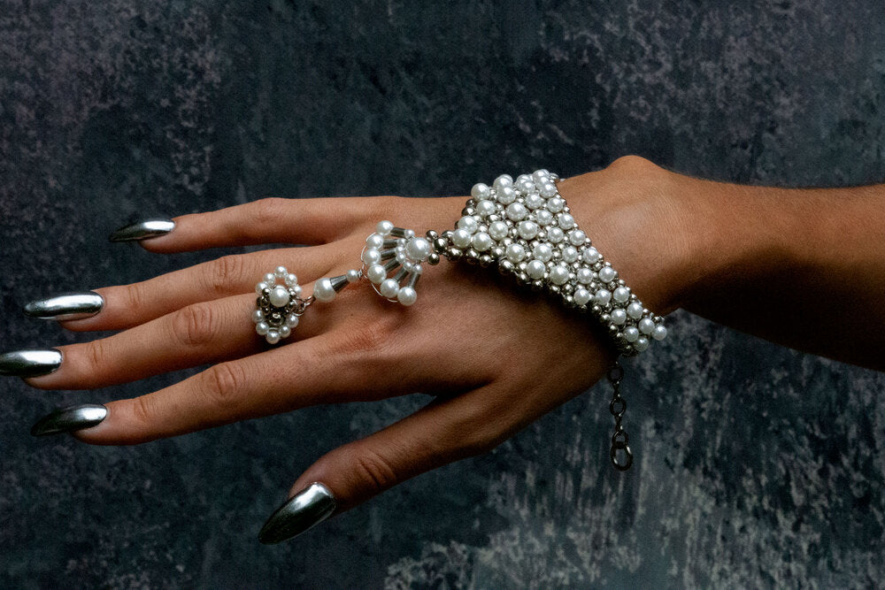 handcrafted beaded hand jewelry and ring from systetic Japanese pearl by object and dawn