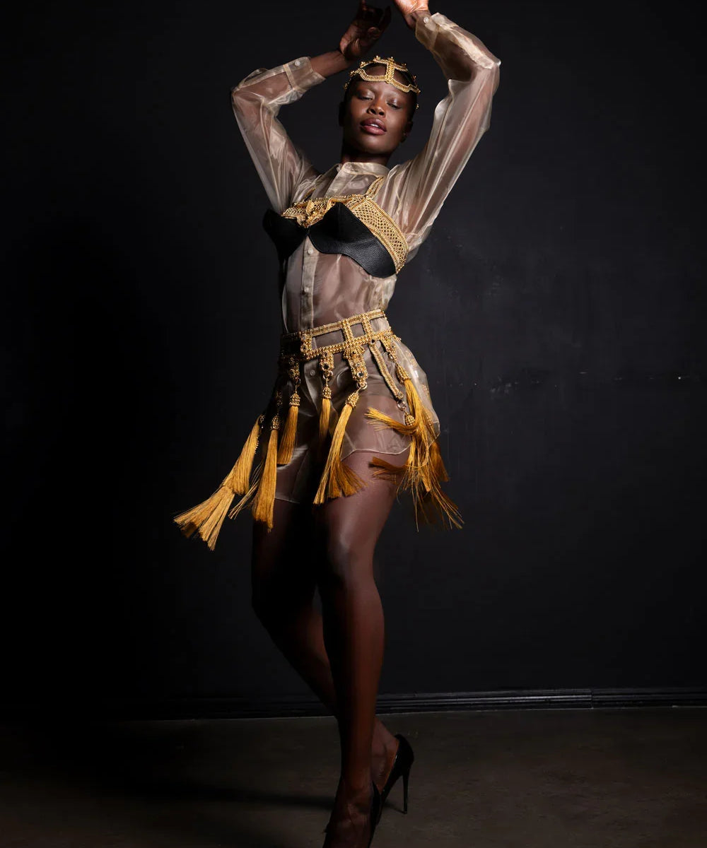 woman with transparat silk wear gold collection from object & dawn