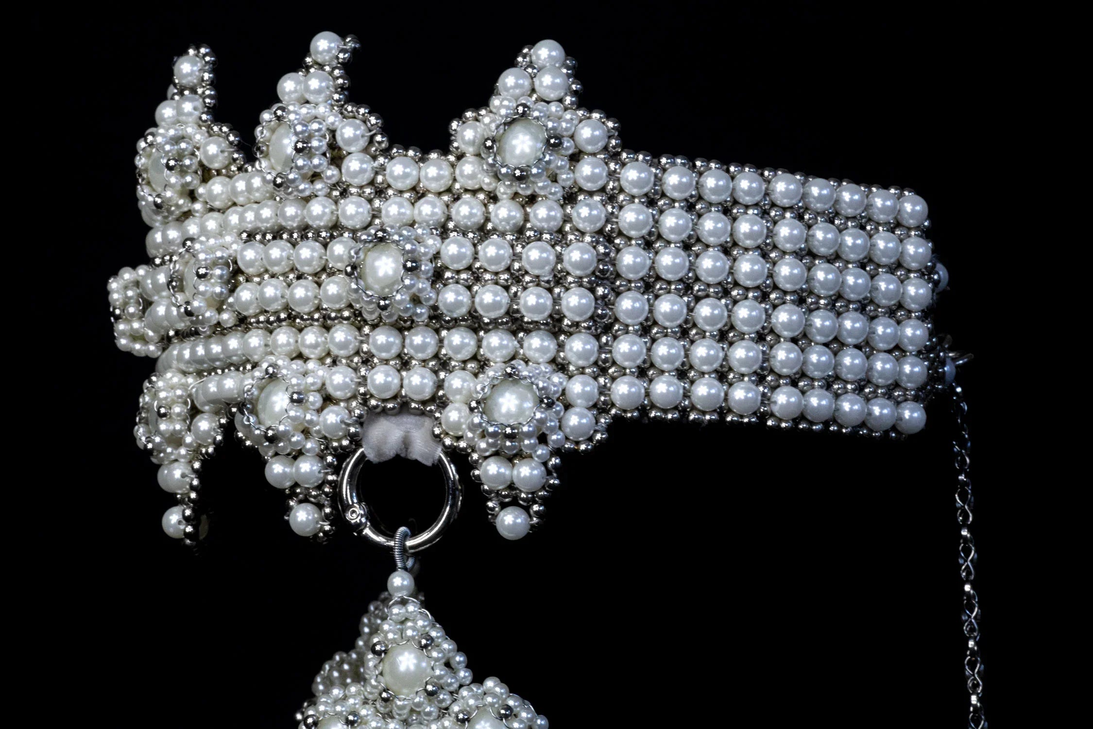Beaded detail of Sappho Crown with clusters in pearl by Object and Dawn ghost image side view