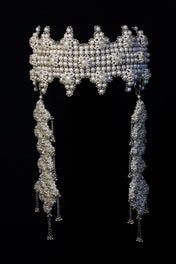 Beaded detail cluster medallion of Modular Sappho Crown in pearl by Object and Dawn ghost image front view