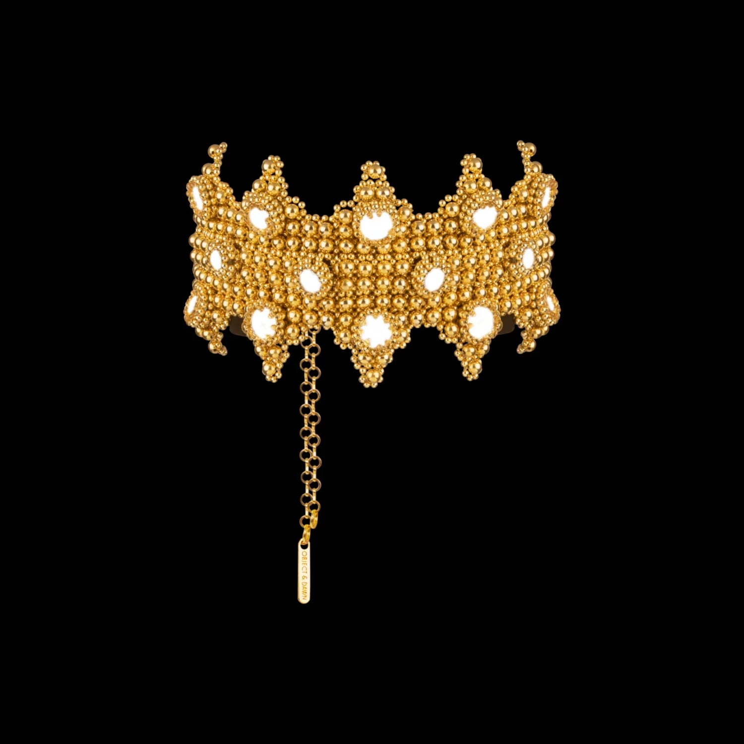 Beaded modular crown in gold by object and dawn ghost image, front view