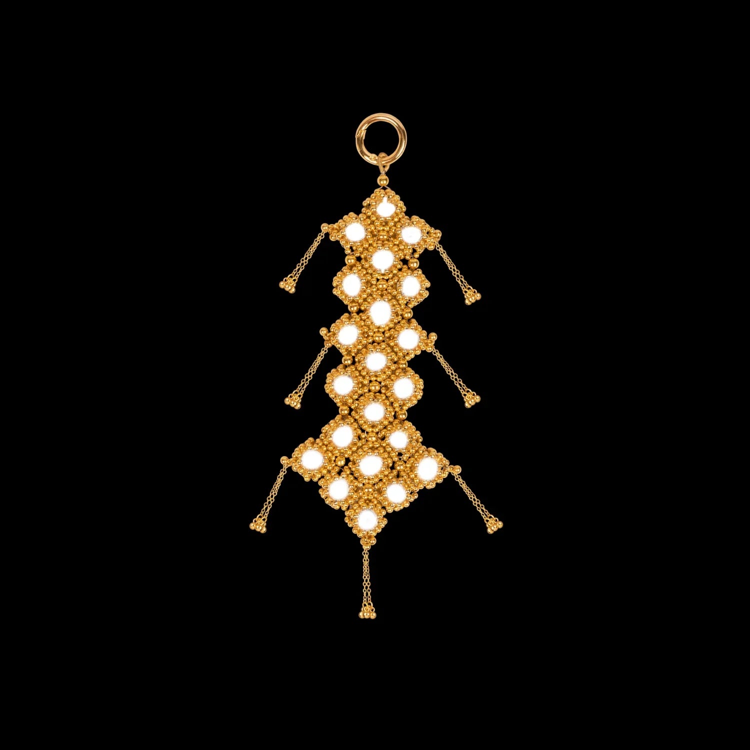 Beaded cluster of modular crown in gold by object and dawn ghost image, front view