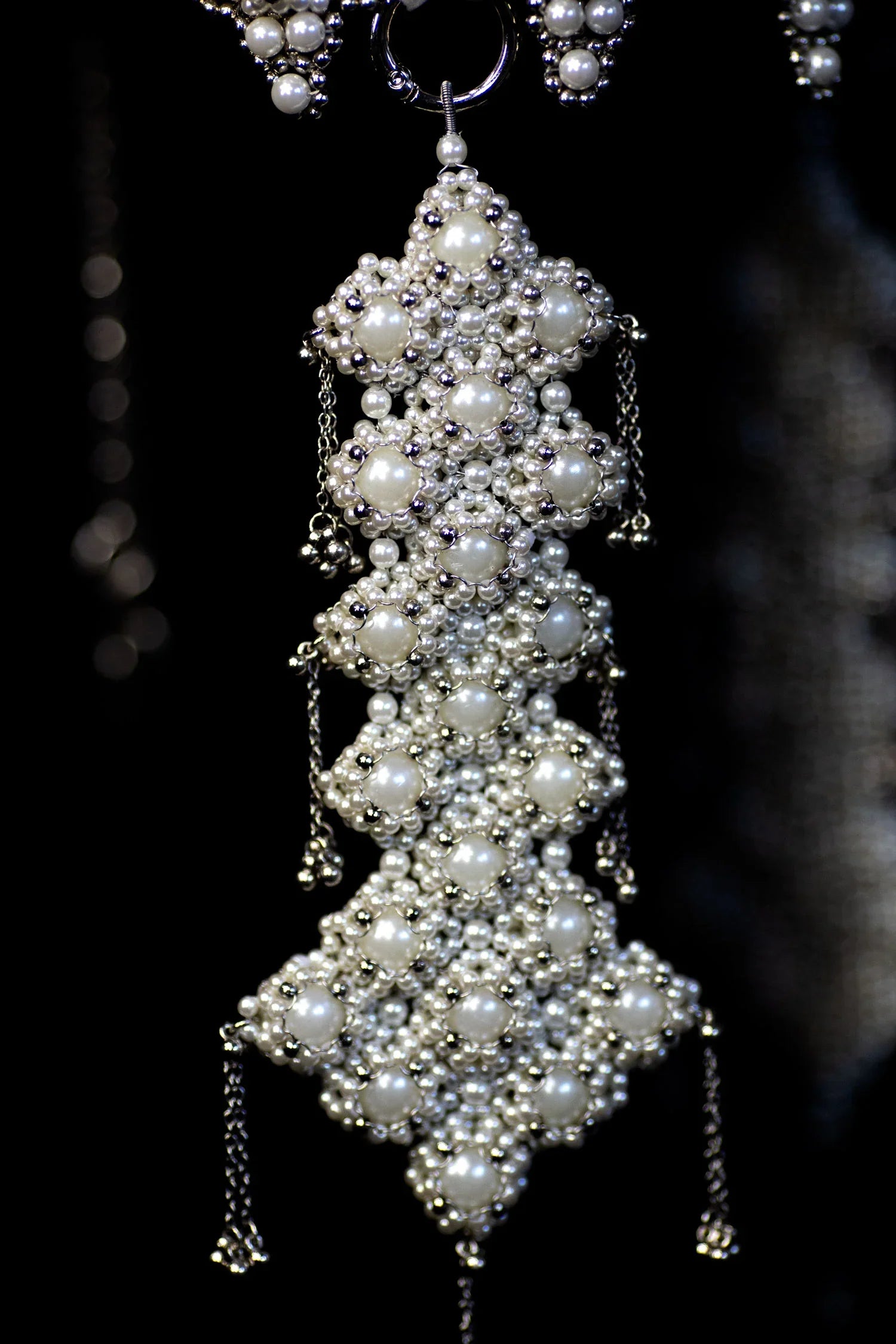 Beaded detail cluster medallion of Modular Sappho Crown in pearl by Object and Dawn ghost image front view