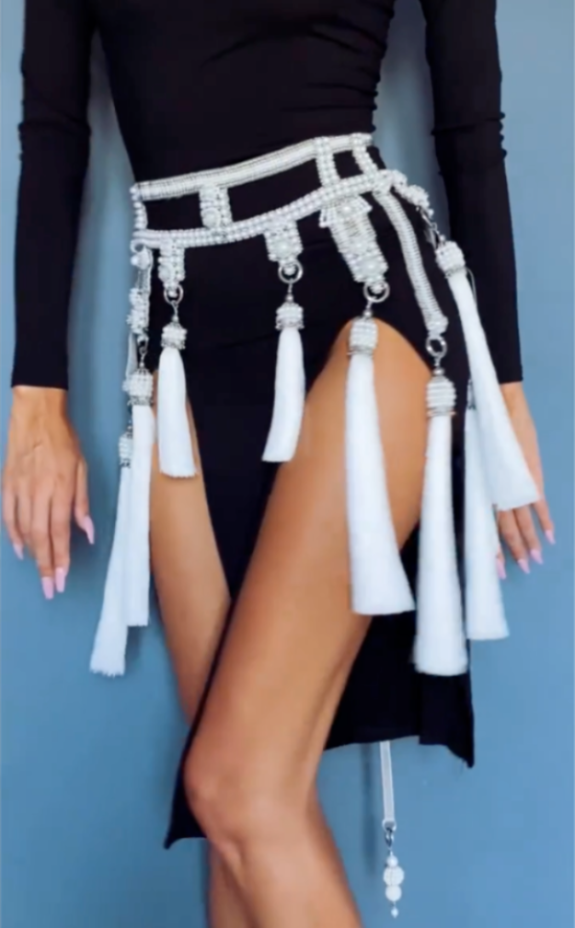 Amaya Garter Belt in Pearl with Removable Tassels