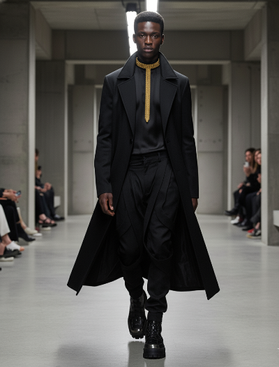 Man walking on a runway wearing a long black coat and black pants with a Signature Slim T-Choker Gold by Object & Dawn