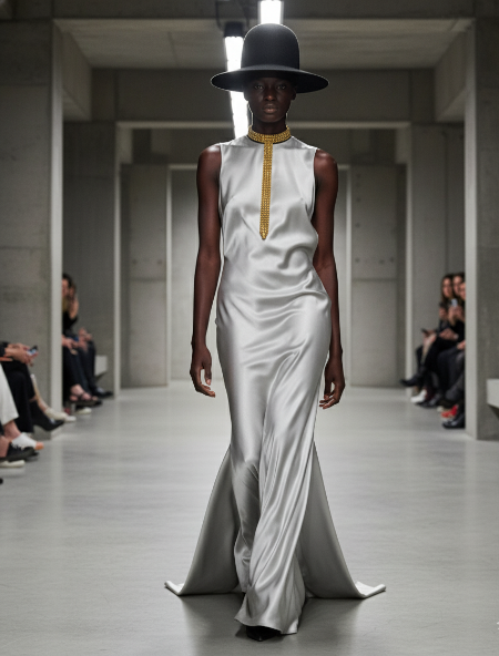 Woman wearing a white dress with a wide-brimmed hat on a runway wearing Signature Slim T-Choker Gold by Object & Dawn.