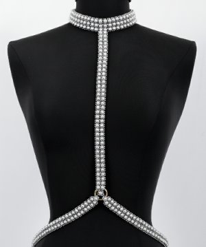 T-Choker Harness Silver by Object & Dawn on a black mannequin against a white background