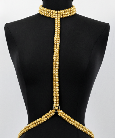 T-Choker Harness Gold by Object & Dawn on a black mannequin against a white background