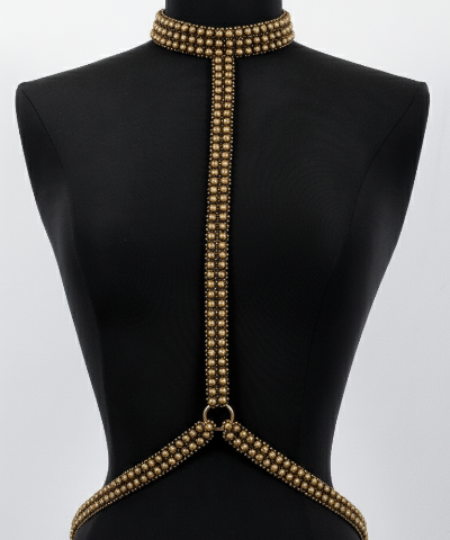 T-Choker Harness Antique Gold by Object & Dawn on a black mannequin against a white background