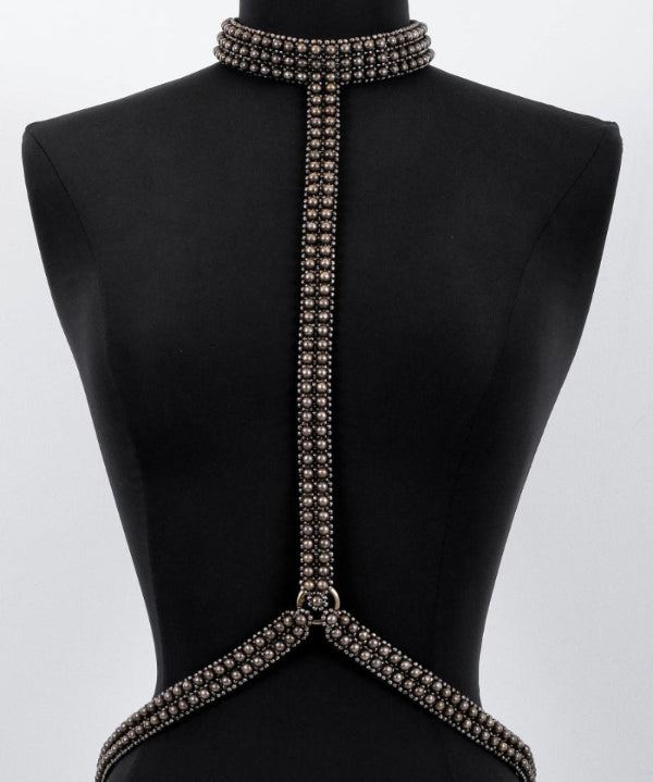 T-Choker Harness Antique Silver by Object & Dawn  on a mannequin against a white background