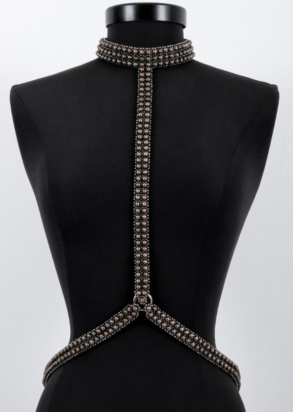 T-Choker Harness Antique Silver by Object & Dawn  on a mannequin against a white background