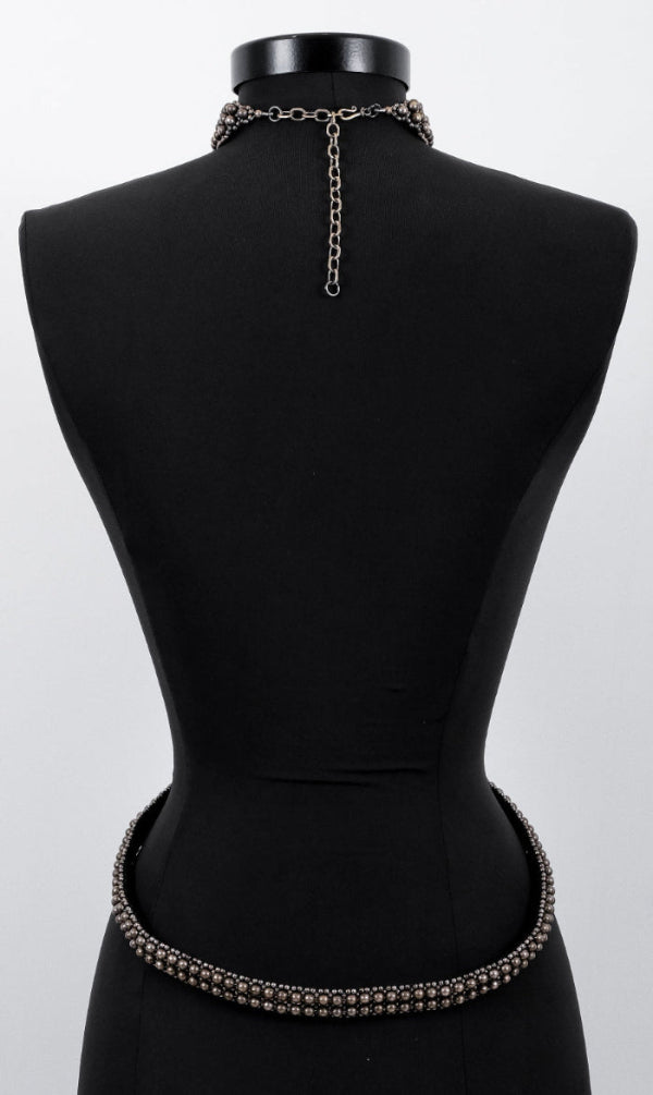 T-Choker Harness Antique Silver back side by Object & Dawn on a mannequin against a white background