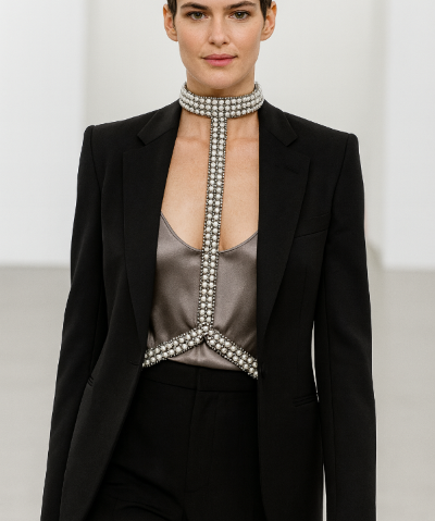Woman wearing a black blazer with a T-Shape Harness Pearl Silver by Object & Dawn against a white background