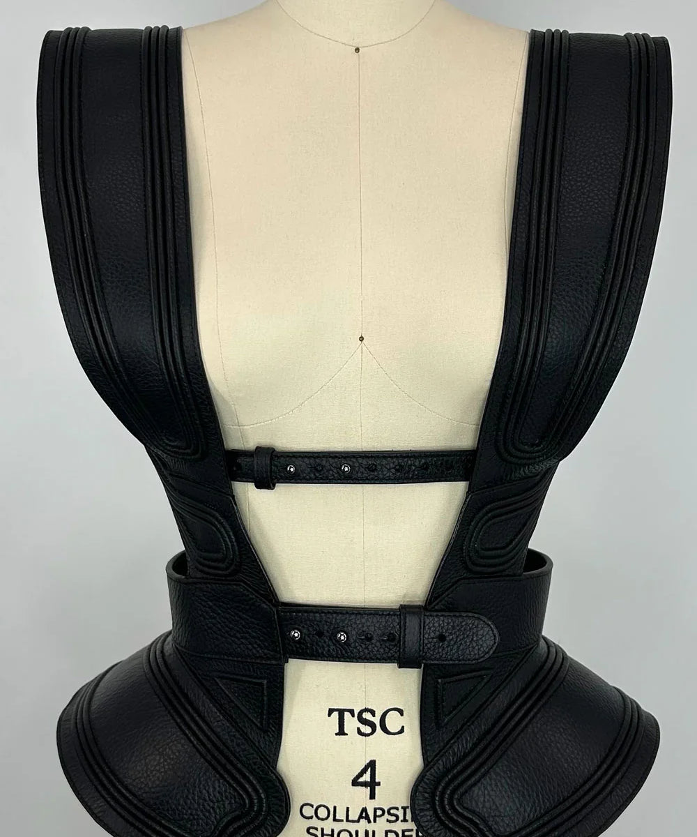 mannequin with premium leather tamoe 3d leather bodice in black by object and dawn