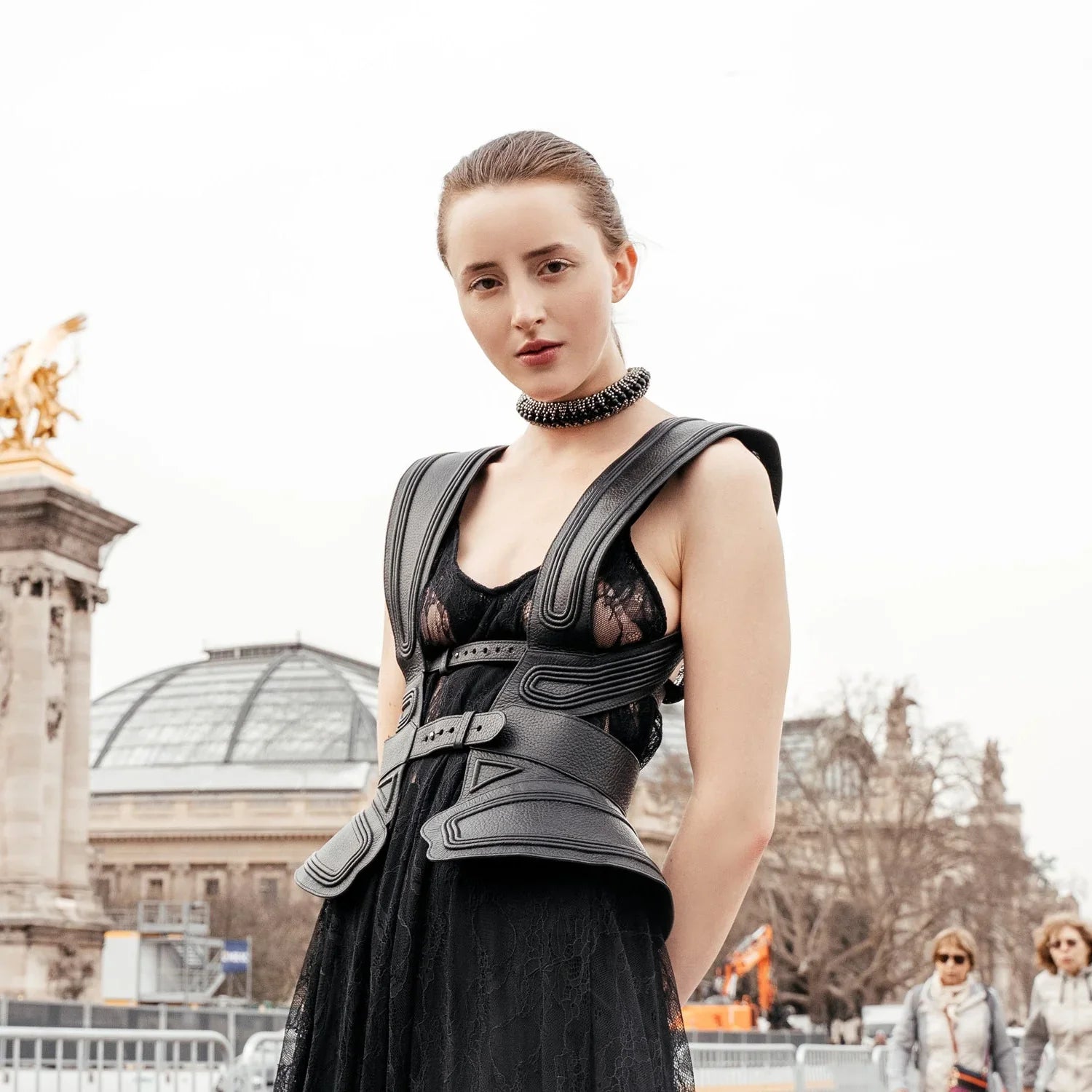 woman wear premium leather tamoe 3d leather bodice in black by object and dawn