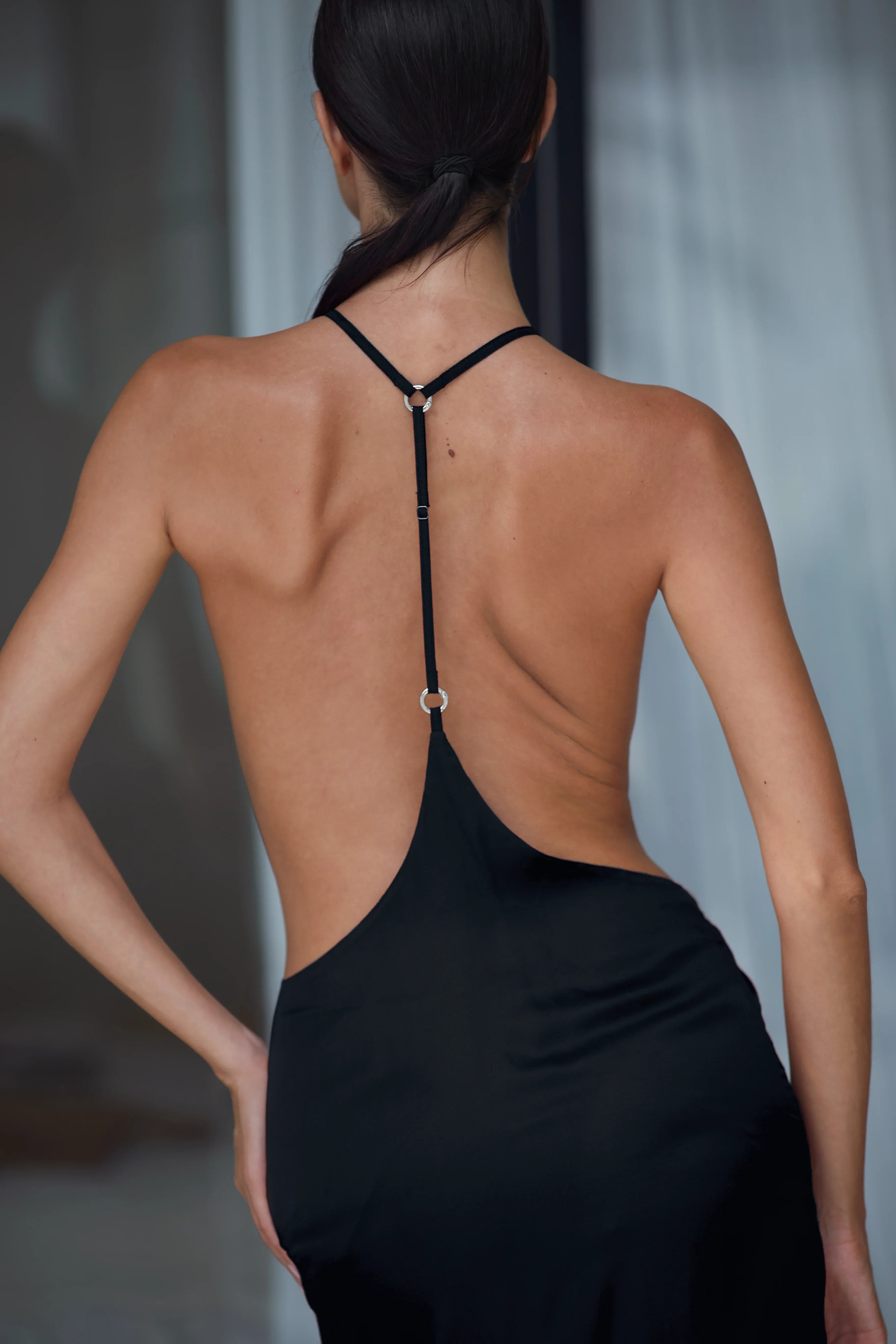 premium black silk harness skirt worn back view by object and dawn