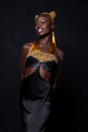 premium black silk harness skirt worn front view with khutulun beaded top by object and dawn