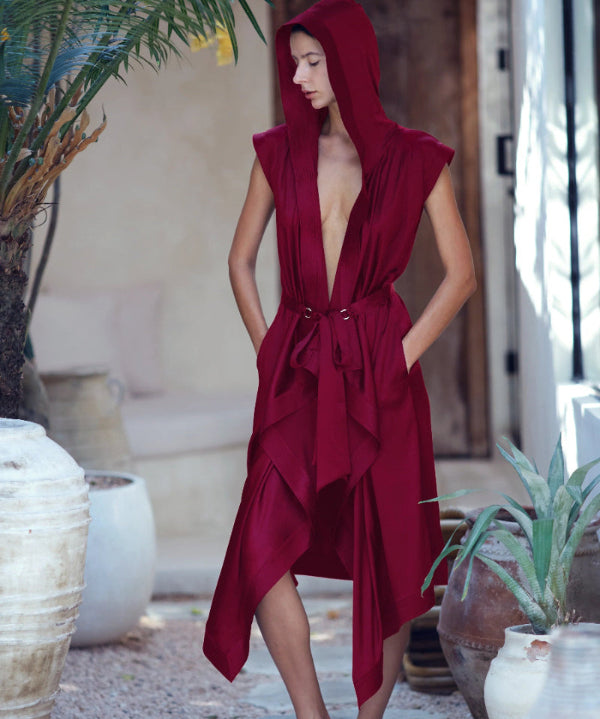 Tamoe Silk Top Stitched Hooded Robe - 3 Color Variants