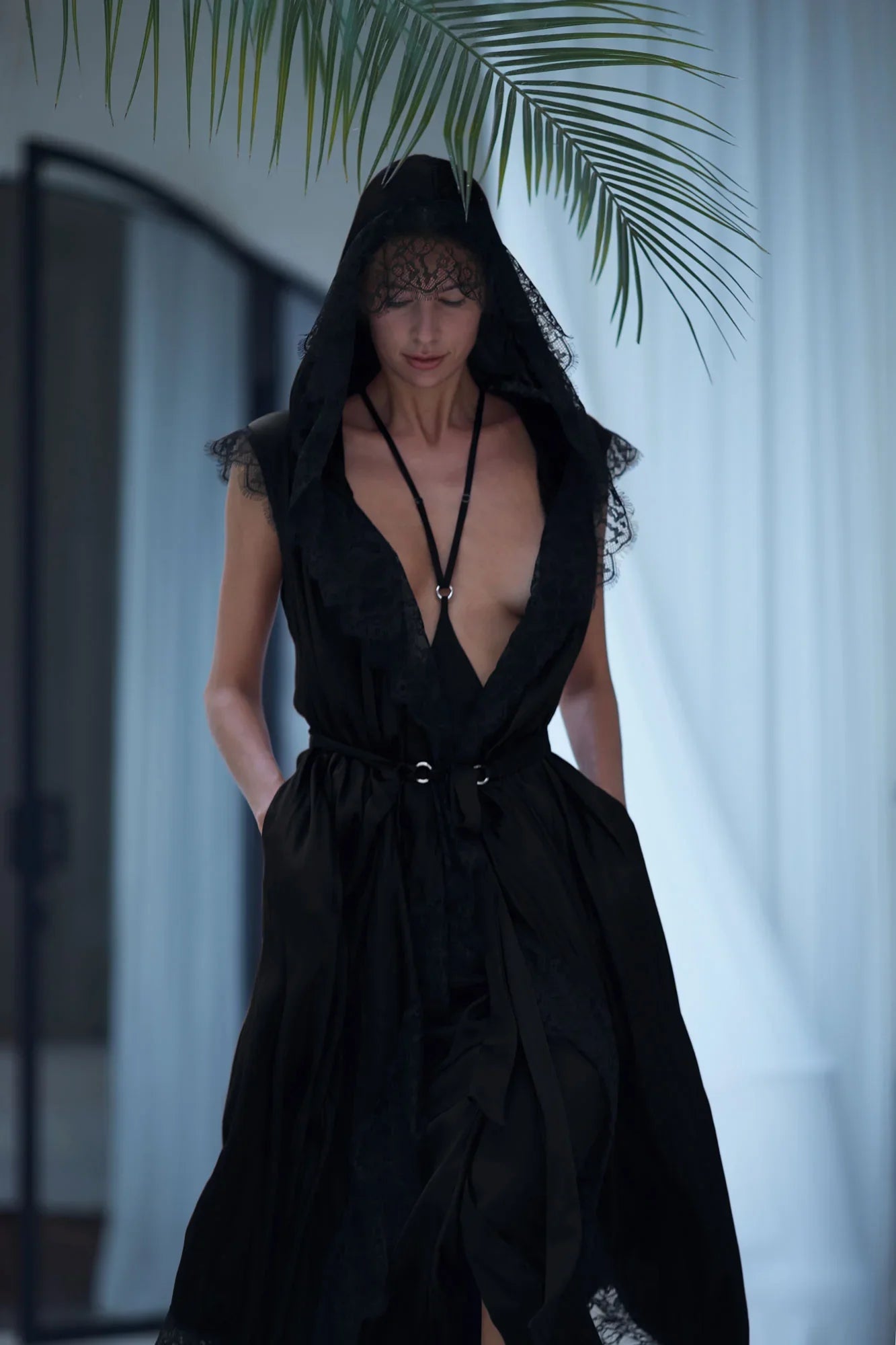 Handcrafted Robe Lace with harness skirt blac by object and dawn worn front view