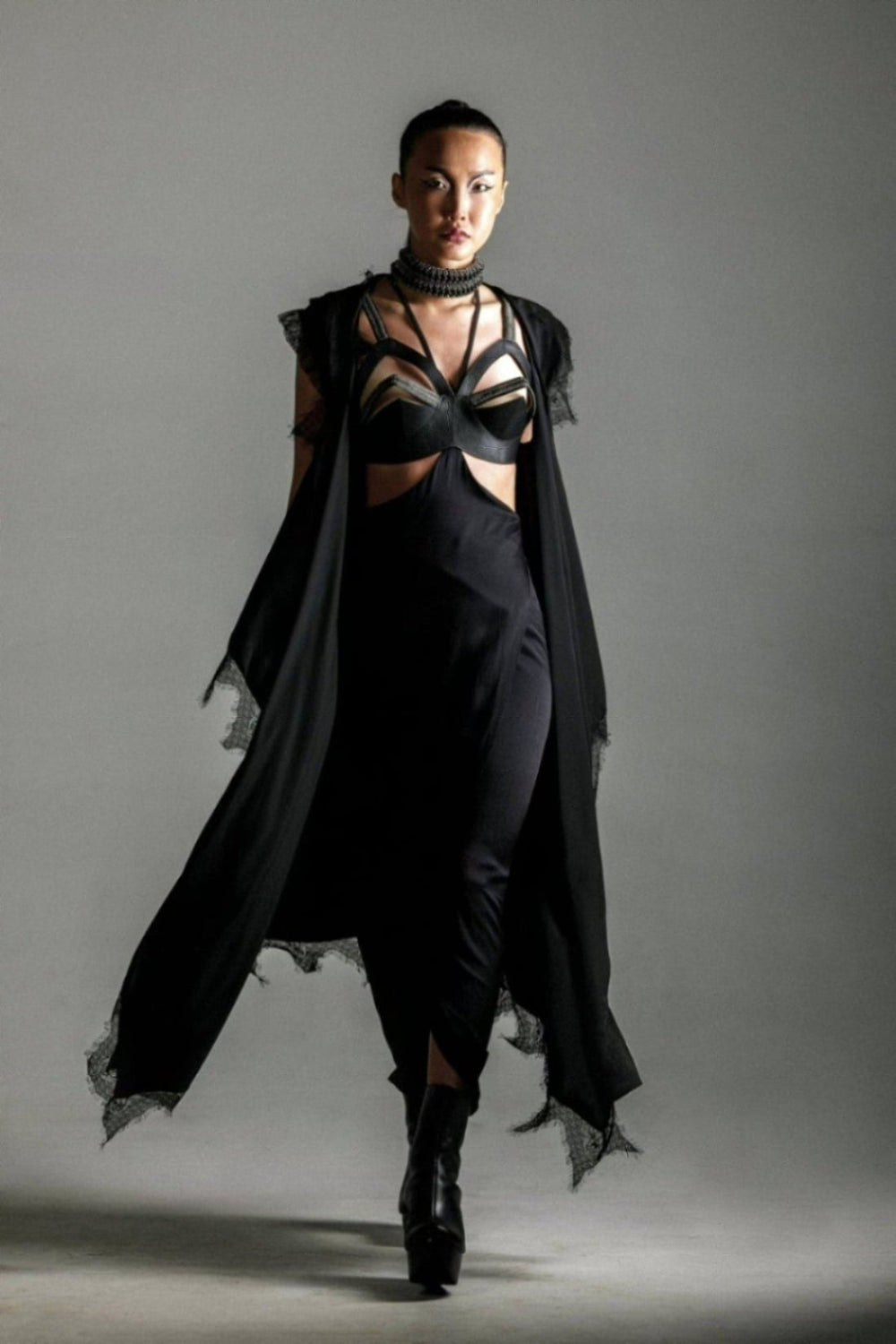 woman with zetian black harness and premium modular silk on grey background by Object&Dawn