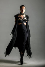woman with zetian black harness and premium modular silk on grey background by Object&Dawn