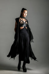Teuta French Lace Trimmed Silk Hooded Robe - Black