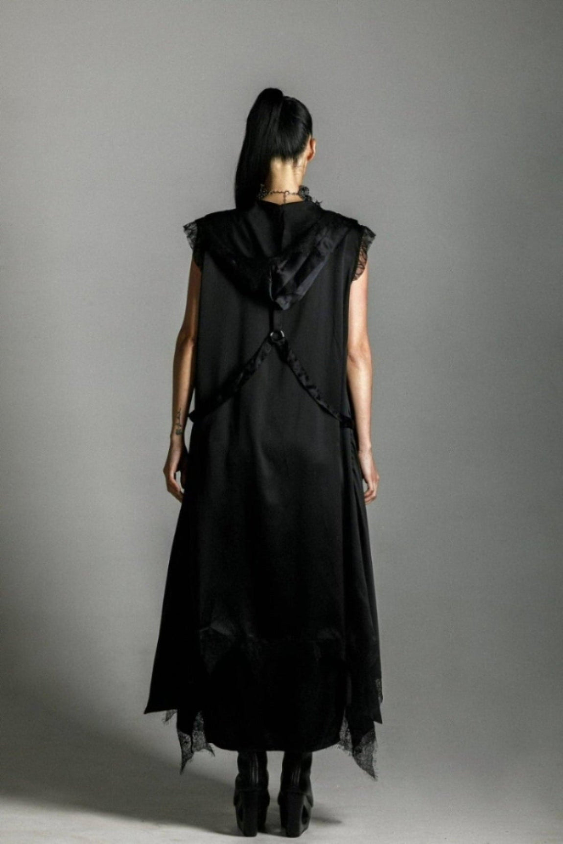 woman in black teuta french lace premium silk black by object and dawn back view