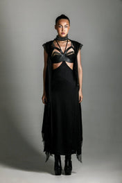 Handcrafted Robe Lace with harness skirt black and zetian top by object and dawn worn front view