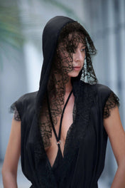 Remium Robe Lace with harness skirt black by object and dawn worn front close up view