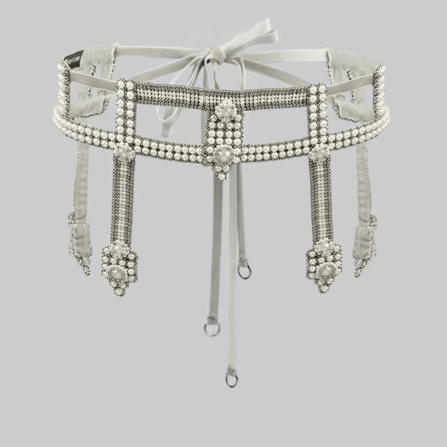 Beaded modular belt from syntetic japanese pearl with metal beads ghost image front look by object and dawn