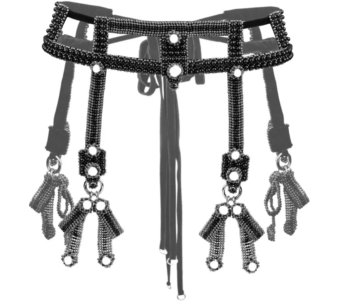 Object & Dawn Beaded Teuta Modular Belt with Amaya Bow in jet black, modular fashion, ghost image front view 