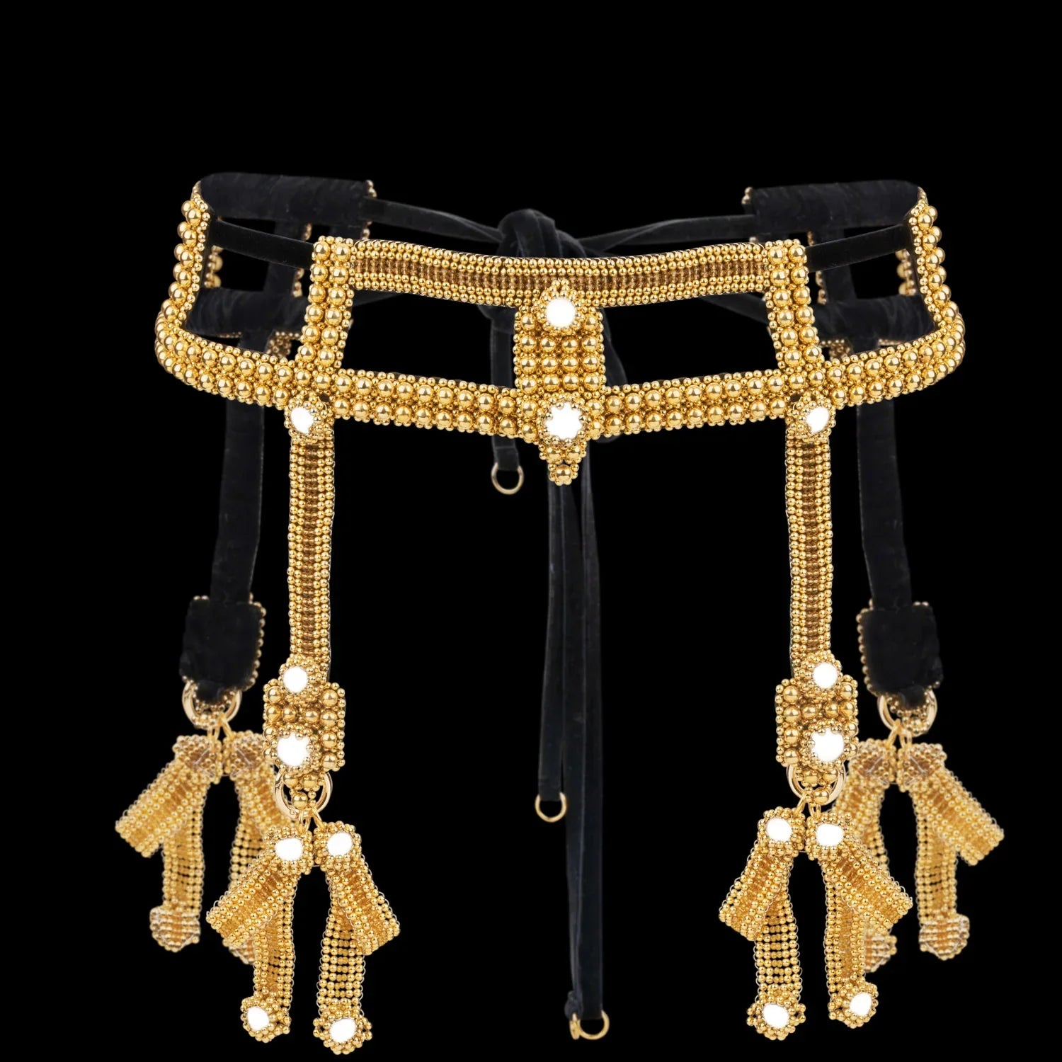 Object & Dawn Beaded Teuta Modular Belt with Amaya Bow in gold, modular fashion, ghost image front view 