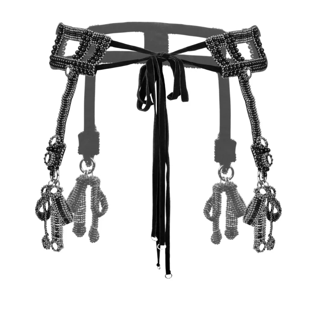Object & Dawn Beaded Teuta Modular Belt with Amaya Bow in jet black, modular fashion, ghost image back view 