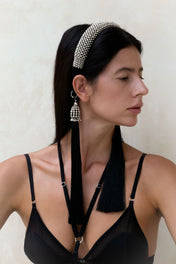Object & Dawn Silver Beaded Teuta Headband worn by woman in black outfit on neutral background