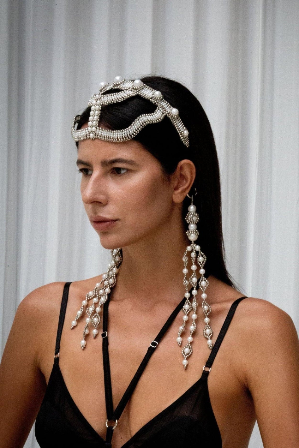 woman with khutulun headband and handcrafted modular trinity medallions in pearl by object and dawn