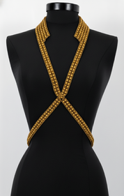Black mannequin wearing a V-Necklace Harness gold by Object & Dawn  against a white background