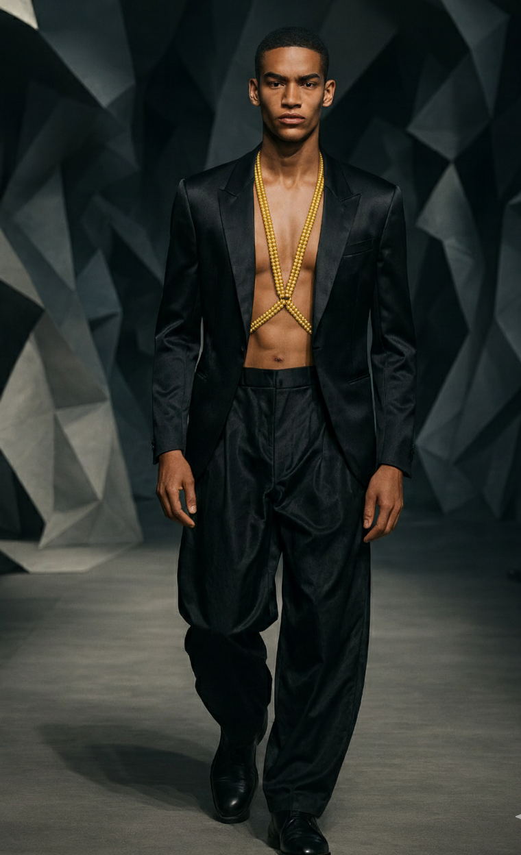 Man wearing a black suit with X-Harness Necklace gold by Object & Dawn on a dark geometric background