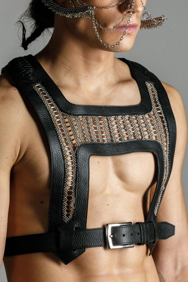 Yasuke Beaded Leather Harness - Black /Silver