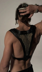 back view of Object and Dawn beaded Yasuke Leather Harness in silver, handcrafted modular design