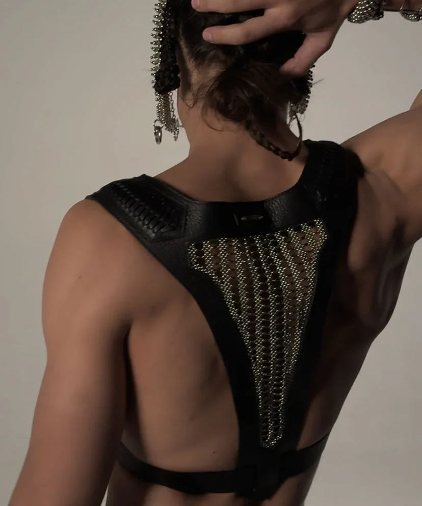 back view of Object and Dawn beaded Yasuke Leather Harness in silver, handcrafted modular design