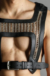 Man wears beaded Yasuke Leather Harness in silver, handcrafted modular design, beaded focus look by object and dawn
