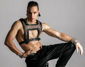Man wears beaded Yasuke Leather Harness in silver, handcrafted modular design, worn front look by object and dawn