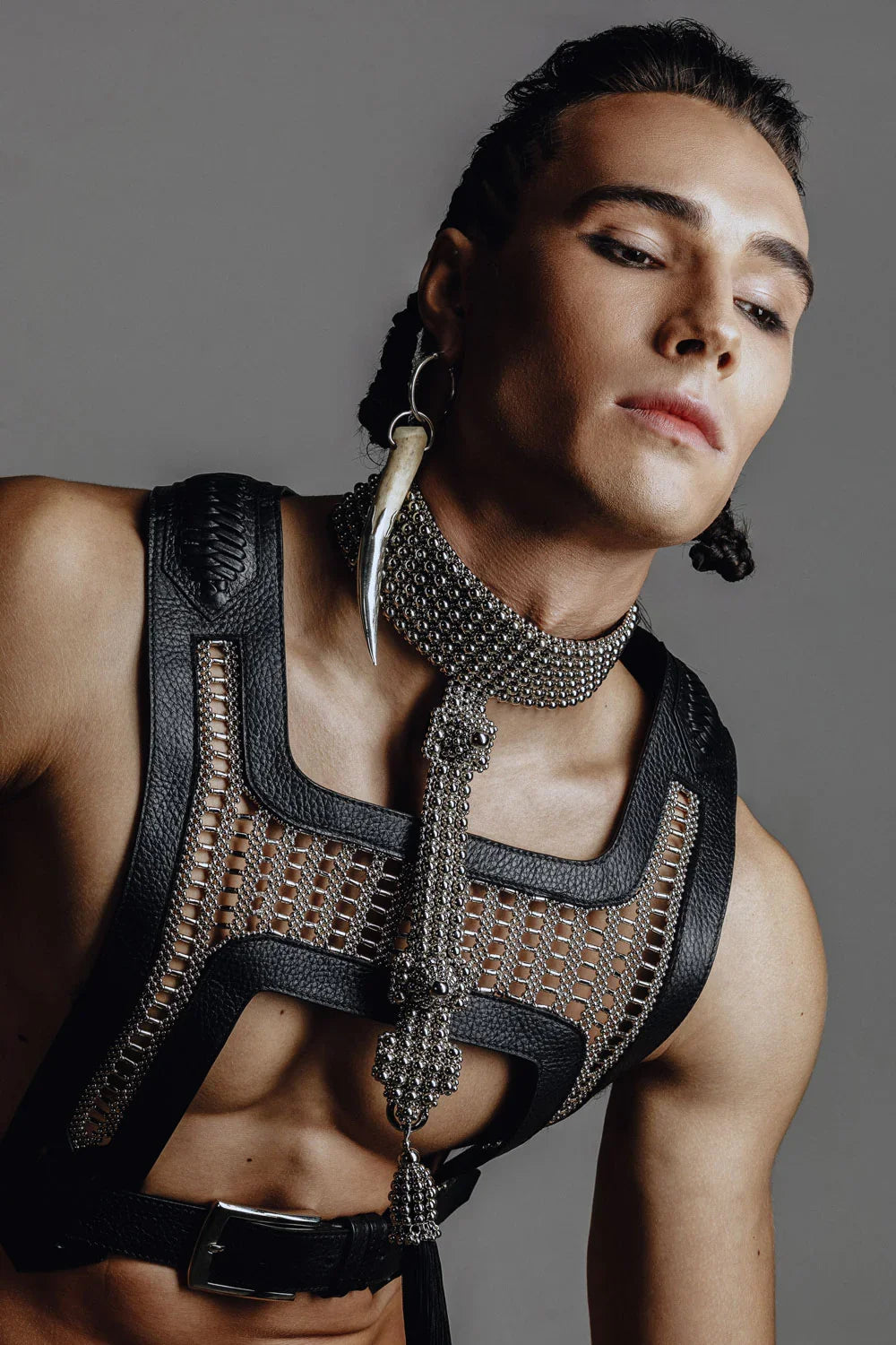 front close up view of Object and Dawn beaded Yasuke Leather Harness in silver, handcrafted modular design