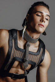 front close up view of Object and Dawn beaded Yasuke Leather Harness in silver, handcrafted modular design