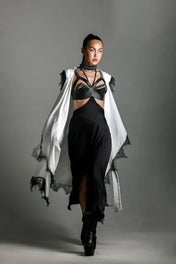 Zeitan leather Beaded Bra Top in black with SIlk Robe Lace white and black harness skirt, contemporary statement accessory, front view